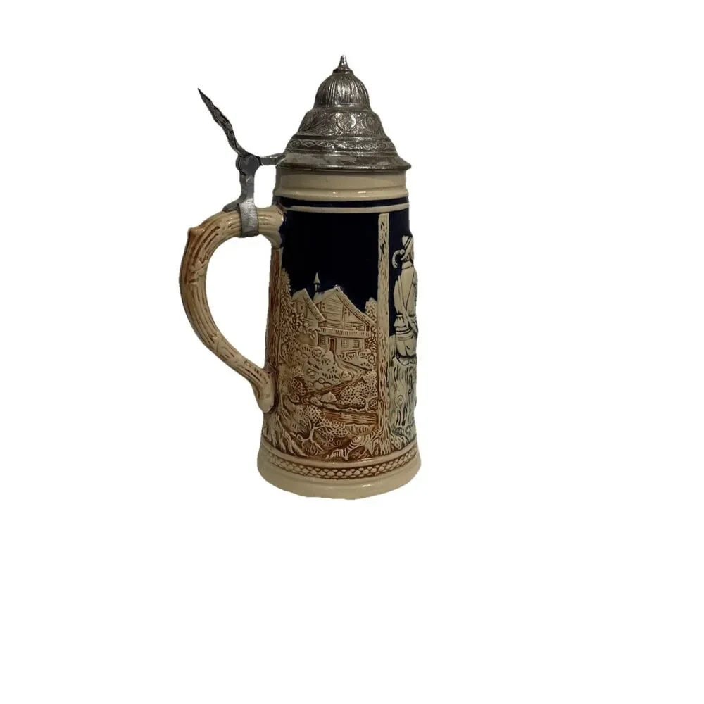 Vintage German Beer Stein Pewter Lid Made in Germany Relief Scene Ceramic Mug